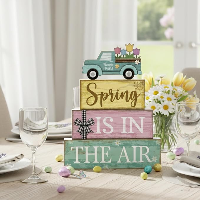 Moucuny 4 Pcs Spring Table Decor Wooden Blue Truck Decoration Flower - Image 2