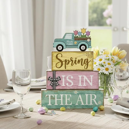 Moucuny 4 Pcs Spring Table Decor Wooden Blue Truck Decoration Flower - Image 2