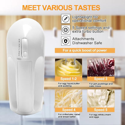 5-Speed Electric Hand Mixer, 4 Large Mixing Bowls Set, Handheld Mixers with Whisks Beater, Stainless Steel Metal Nesting Bowl Measuring Cups Spoons Kitchen Cake Blender for Baking Supplies