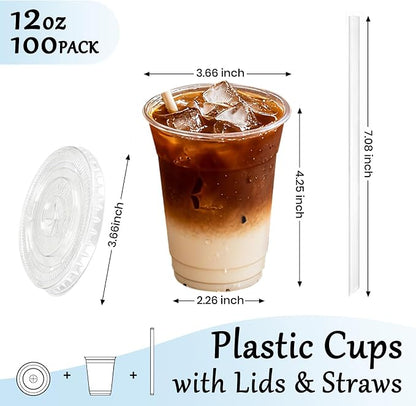 12oz Clear Plastic Cups with Lids and Straws 100 Pack | Leak-Proof Disposable - Image 2