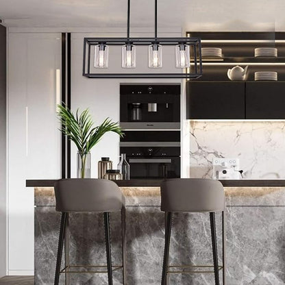 XILICON Black Dining Room Chandeliers Lighting Fixture Linear Pendant Modern 4-Light with Glass Shades Vintage Farmhouse Ceiling Light Hanging for Kitchen Island Cafe Bar