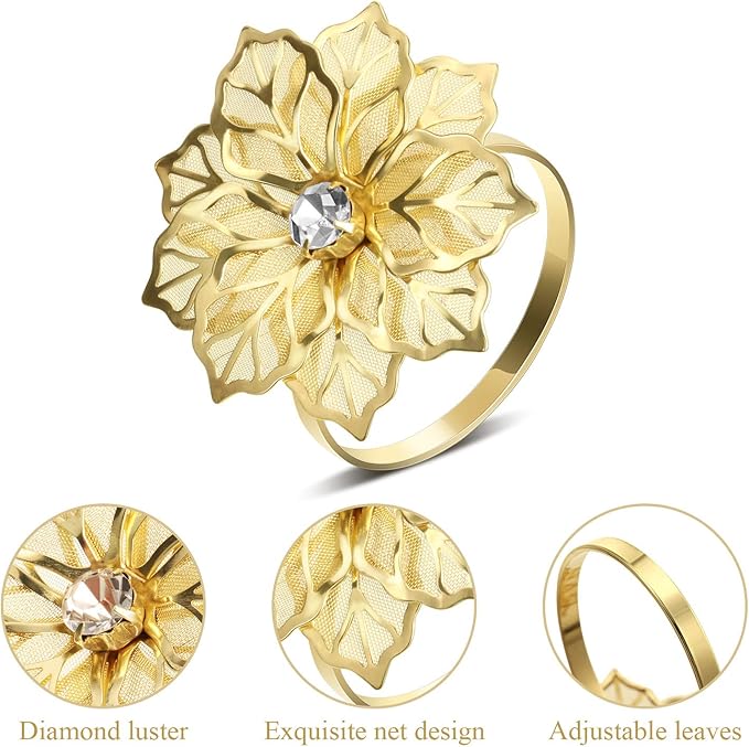 Hotop 100 Pcs Gold Napkin Rings Flower Napkin Holders Buckles Hollow Out Rhinestone Christmas Delicate Serviette Buckles for Thanksgiving Party Gathering Dinner Wedding Banquet Holiday Table Decor