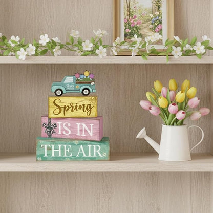 Moucuny 4 Pcs Spring Table Decor Wooden Blue Truck Decoration Flower - Image 6