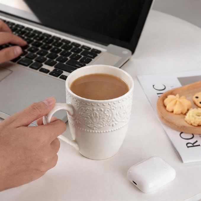Porcelain Mug Set of 6, 12 oz White Coffee Cups | Relief sculpture bone design; - Image 8