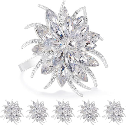 ZeeDix Christmas Flower Napkin Rings Set of 6, Silver Lotus Elegant Rhinestone Napkin Ring Serviette Buckles Holder for Wedding Birthday Christmas Holiday Party Home Kitchen Dinner Table Decoration
