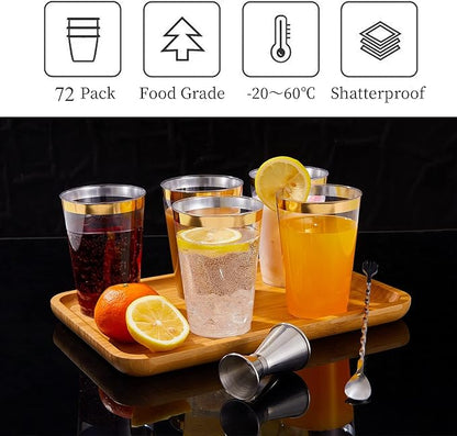 N9R 72PCS Gold Plastic Cups, 12OZ Clear Plastic Cups with Gold Rim, Disposable Cups Perfect for Parties, Wedding and Birthday