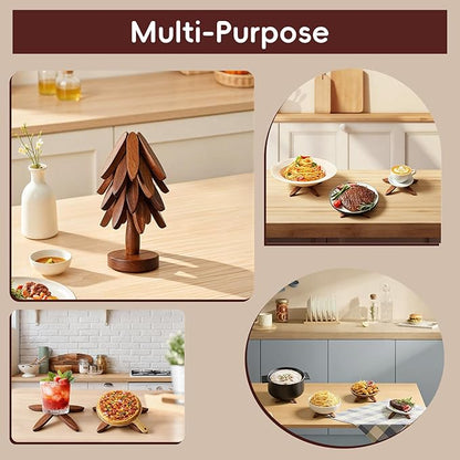 Wooden Trivets for Hot Dishes, Wooden Tree Trivet Set, Natural Tree Trivet Set - Foldable Coasters for Kitchen Counter, Hot Pots and Pans, Heat Resistant Table Protectors