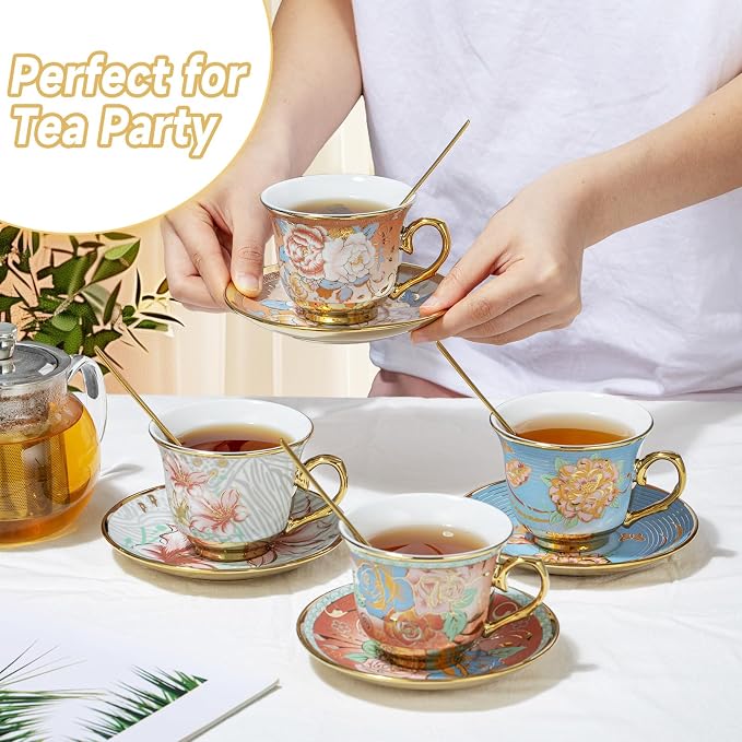 Tea Cups and Saucers Sets of 6, 8 Oz Floral Tea Cups - Image 6