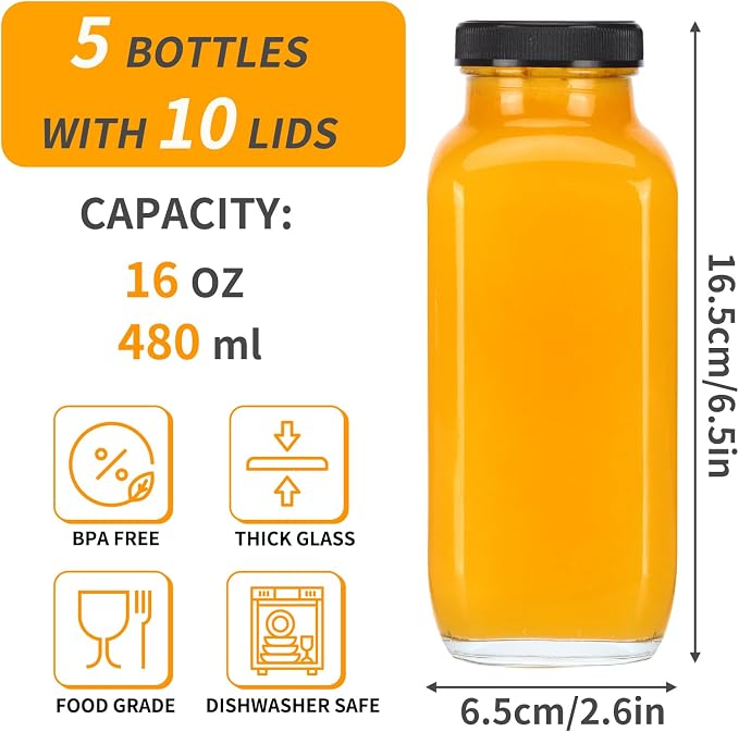 CUCUMI 5pcs 16oz Glass Juice Bottles - Image 2