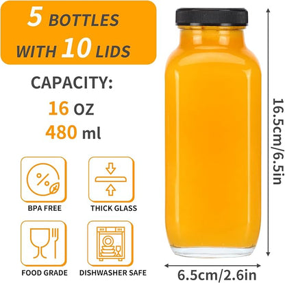 CUCUMI 5pcs 16oz Glass Juice Bottles - Image 2