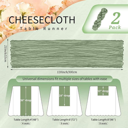 Showgeous 2 Pack Sage Green Cheesecloth Table Runners Boho Wedding Decor | - Image 2