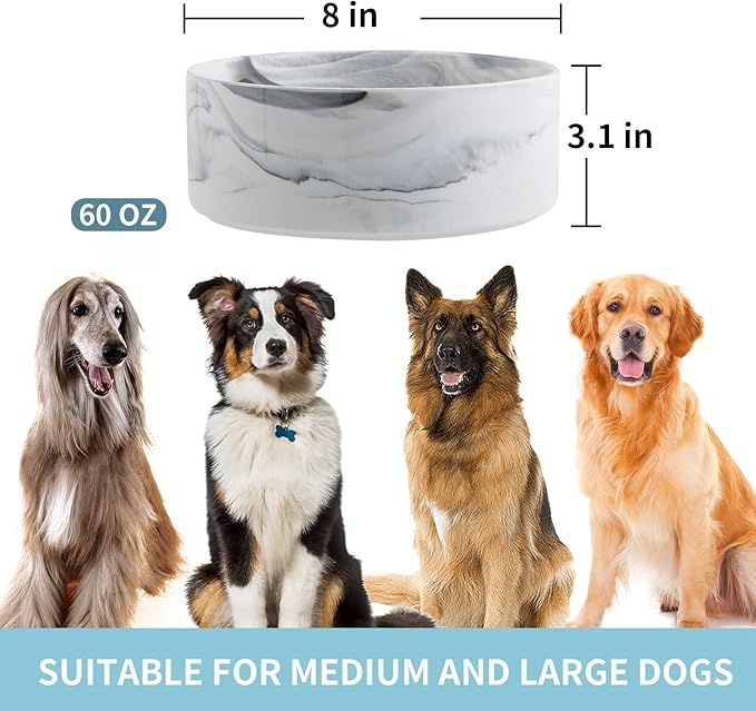 Elevated/Raised Dog Bowl Ceramic with Wood Stand for Medium Large Breed,Dog Food Water Dish Heavy Weighted, 8 in Non Slip Porcelain Pet Bowl Extra Big Marble Grey