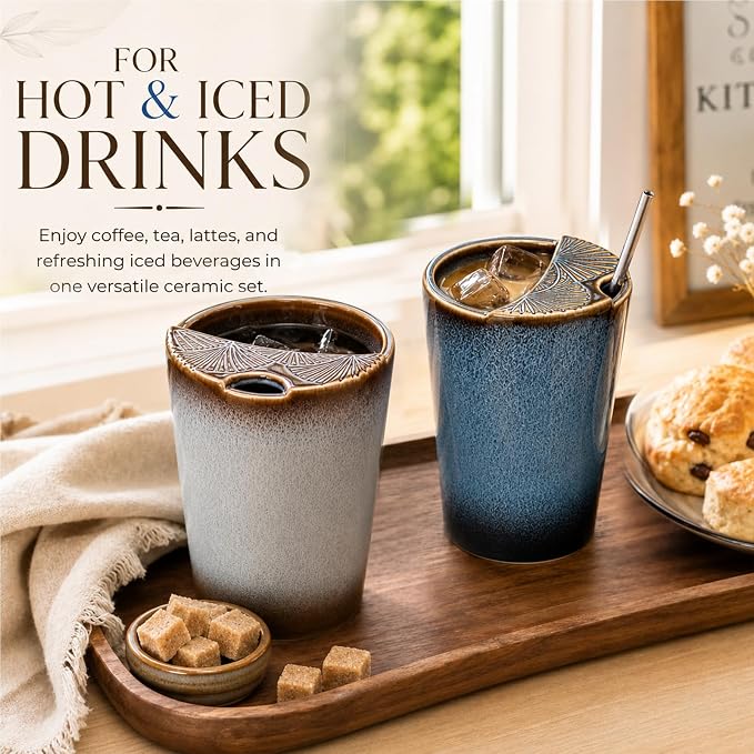 2 Pack Ceramic Coffee Mug with Sip Hole, Retro Espresso Cup 13 oz with 2 Straws - Image 4