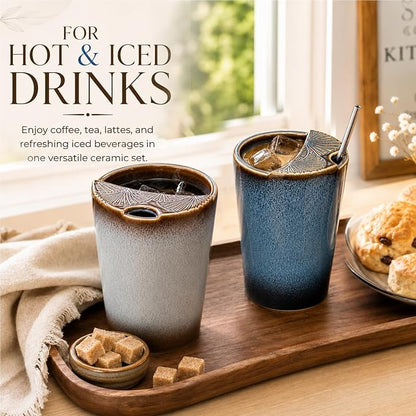 2 Pack Ceramic Coffee Mug with Sip Hole, Retro Espresso Cup 13 oz with 2 Straws - Image 4