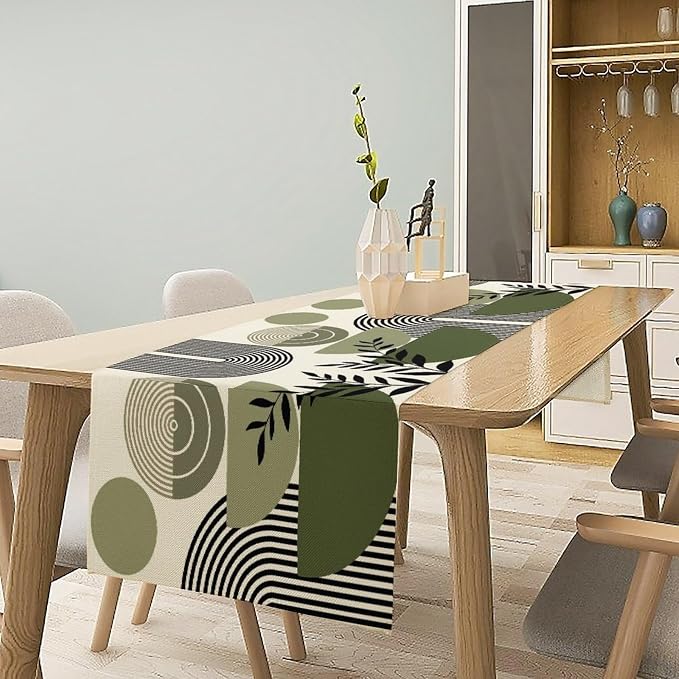 Boho Mid Centruy Table Runner Abstract Sage Green Tropical Leaves Sun Modern - Image 2