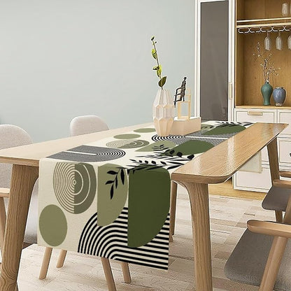 Boho Mid Centruy Table Runner Abstract Sage Green Tropical Leaves Sun Modern - Image 2