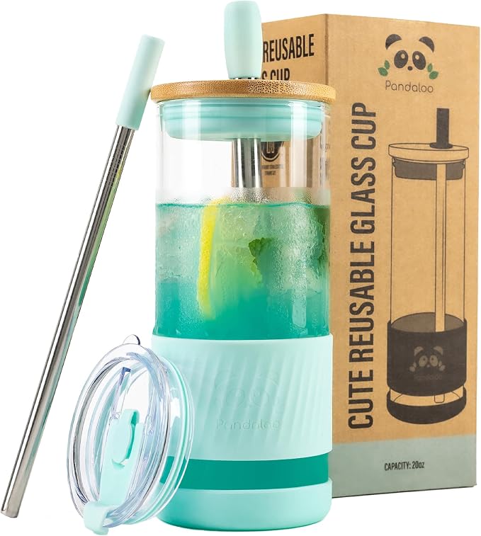 Pandaloo® Glass Cups With Lids and Straws -20 Fl Oz- Perfect Size Iced Coffee by Pandaloo