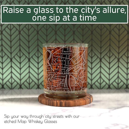 Greenline Goods Whiskey Glasses - 10 Oz Tumbler Gift Set for Philadelphia lovers, Etched with Philadelphia Map | Old Fashioned Rocks Glass - Set of 2