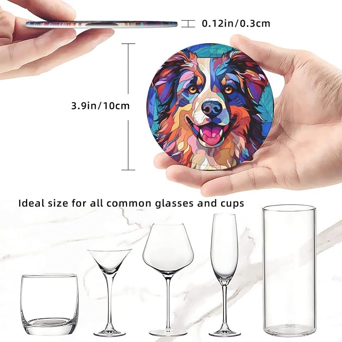 Australian Shepherd Stained Dog Breed Glass Art Leather Drinks Coasters - Image 3