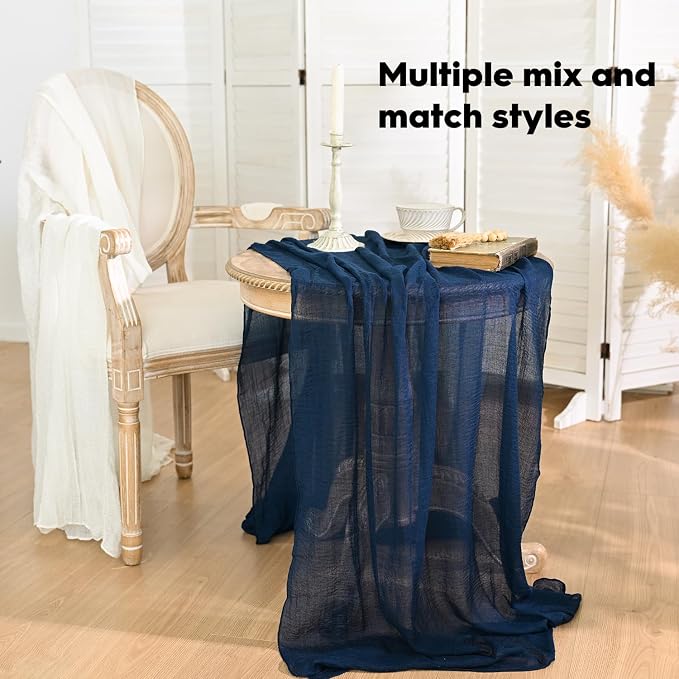 Artoid Mode Boho Cheesecloth Gauze Navy Blue Wedding Table Runner, 120 Inch - Image 4
