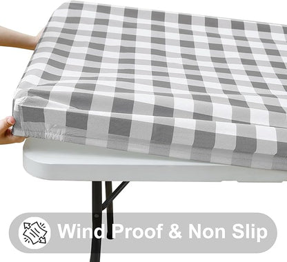 Smiry Rectangle Picnic Table Cloth, Elastic Waterproof Fitted Vinyl Tablecloths, Flannel Backed Buffalo Plaid Table Covers for Dining, Camping, Outdoor (White and Grey, 30" x 60")