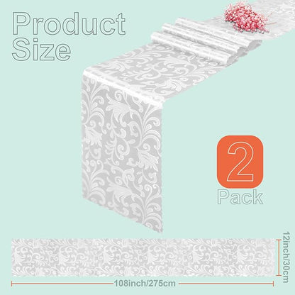 White Satin Table Runner 12 x 108 Inch, 2 Pack | Bright Smooth Damask, Silky - Image 3