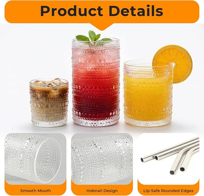 CycleMore 12Pc Vintage Hobnail Drinking Glasses, 12oz 10oz 4oz Clear Cup | BPA - Image 5