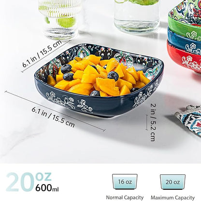 HENXFEN LEAD Boho Ceramic Square Bowls – 20 oz Colorful Bowls for Snacks, Dessert, Side Dishes, Pasta - 6 Inches Appetizer Plates Set of 6, Microwave & Dishwasher Safe