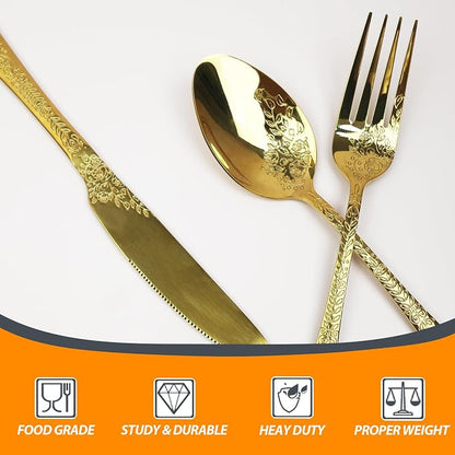 Runfly Modern Carved Floral Gold Stainless Steel 20-Piece Flatware Set | - Image 4