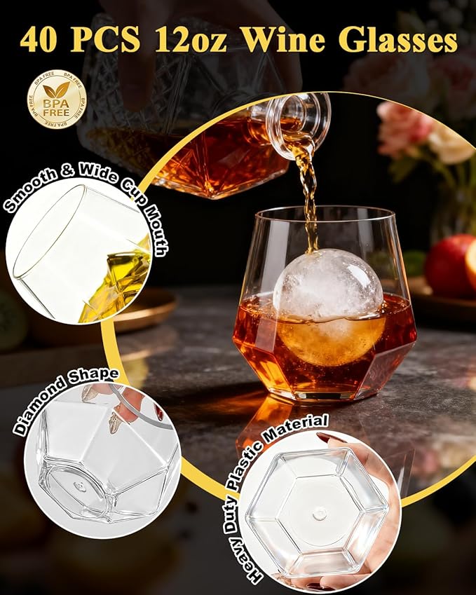 BESTSTAR 40 PCS Clear 12 Oz Diamond Plastic Wine Whiskey Glasses | Stemless - Image 3