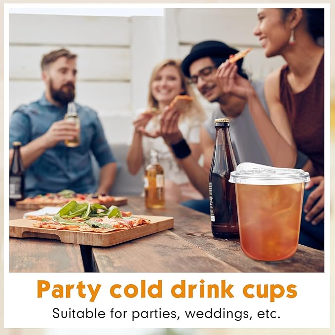 100 Sets 12 oz Clear Plastic Cups with Strawless Sip Lids, Thickened Clear Disposable Plastic Pet Crystal Cups for Iced Coffee, Smoothie, Cold Beverage, Drink Shops and Party Catering