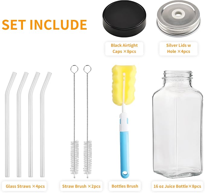 Glxgow 8 Pack 16 OZ Glass Juice Bottles - Image 3