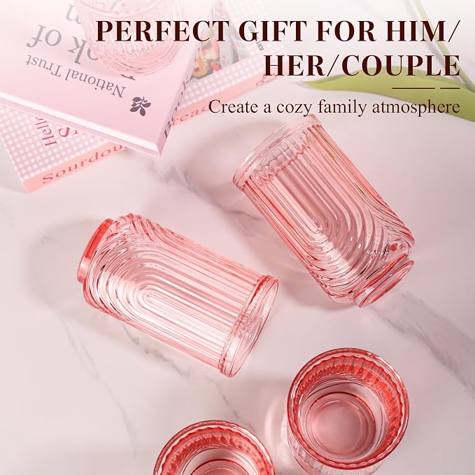 Pink Vintage Drinking Glasses Set of 6-17oz Hand-Blown Highball Ribbed Glassware - Image 6