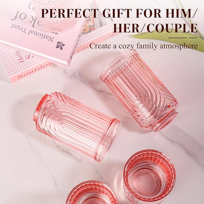Pink Vintage Drinking Glasses Set of 6-17oz Hand-Blown Highball Ribbed Glassware - Image 6