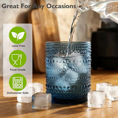 Moretoes 12 Pack 10 Oz Blue Vintage Hobnail Drinking Glasses Set of 12 | - Image 4
