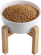 White Elevated/Raised Dog Bowl Ceramic with Wood Stand for Medium Large Breed,Dog Food Water Dish Heavy Wighted,8 in Non Slip Modern Cute Porcelain Pet Bowl Extra Large Wide Mouth
