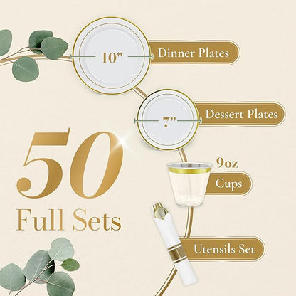 Reli. Plastic Plates for Party | 350 Pieces | White w/Gold Rim | Plates and Napkins Party Supplies | Disposable Dinnerware Set for 50 Guests | Dinner & Dessert Pack, Pre-Rolled Gold Cutlery Set, Cups