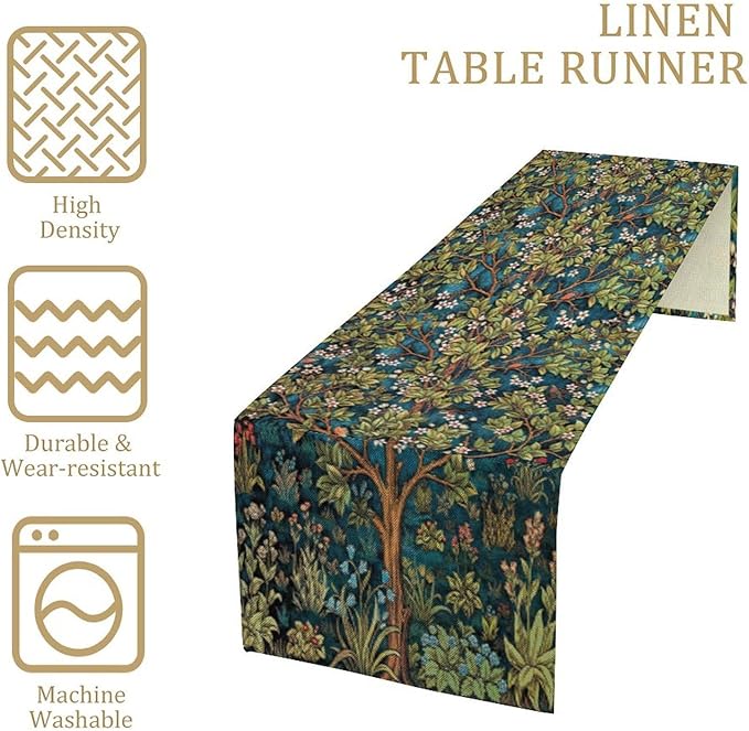 William Morris Floral Table Runner, Vintage Green Botanical Printed Table Runner - Image 4