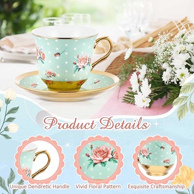 Teenyyou Set of 18 Tea Cups and Saucers Tea Party Decorations Floral Porcelain - Image 6