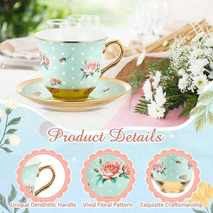 Teenyyou Set of 18 Tea Cups and Saucers Tea Party Decorations Floral Porcelain - Image 6