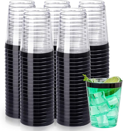 DaYammi 100 Pack Black Plastic Cups 10Oz Clear Disposable Cups with Black Rim, Clear Cocktail Cup Heavy Duty Disposable Wine Glasses Disposable Fancy Plastic Cups for Party Wedding