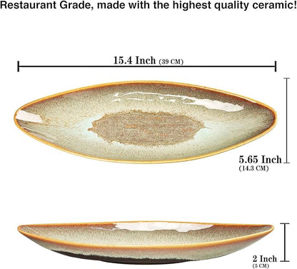 Serving Platter Olives Plate Large Tray Set of 4, For Entertaining Porcelain Trays, Salad, Appetizer, Pasta,Microwave, ovens dishwashers Safe,Brown reactive glaze 15.4 Inch