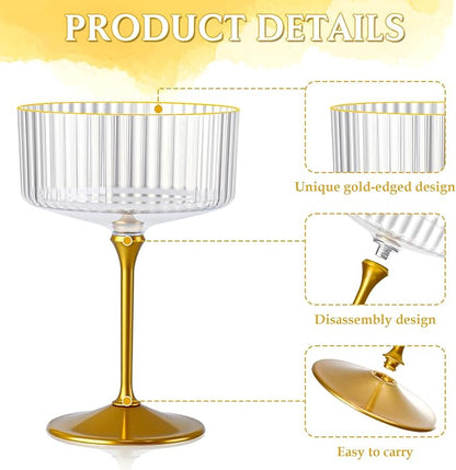 12 PCS Ribbed Coupe Glasses with Gold Stem Clear Plastic Champagne Coupe Cup 10oz Detachable Gold Rim Espresso Martini Glass Vintage Margarita Glassware Cocktail Glass for Christmas