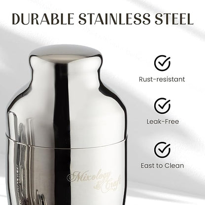 Mixology & Craft Cocktail Shaker Set with Dark Bamboo Stand - Professional 18oz 10-Piece Bartender Kit - Complete Bar Set & Cocktail Mixer Kit for Home (Silver)