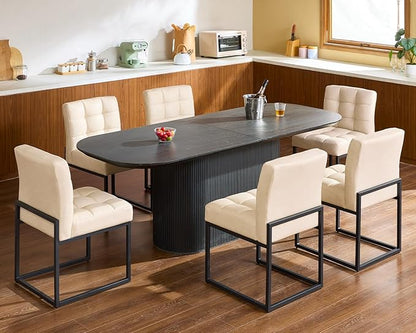 Beige Faux Leather Dining Chairs Set of 2, Mid-Century Modern Dining Room Chairs with Armless, Checkered Kitchen Chair with Metal Legs