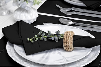 Solino Home Black Linen Napkins Set of 6-100% Pure Linen Hemstitch Dinner Napkins 20 x 20 Inch for Winter, Spring, Easter - Classic Hemstitch