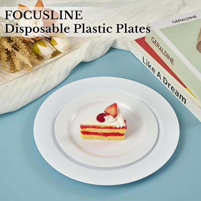 FOCUSLINE 100 Count White Plastic Plates 10 Inch, Disposable Heavy Duty Dinner - Image 5