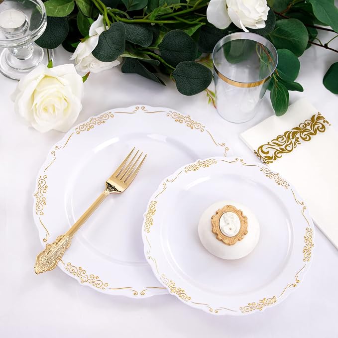 LIYH 350 Pcs Gold Plastic Dinnerware Set, 10 oz Cups - Image 4