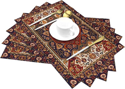 Persian Design Placemats Set of 6 Tribal Texture Boho Persian Rust Wipeable Table Mats Reusable Washable PVC Rectangle Place Mats for Kitchen Dining Home Decor 12x18 Inches