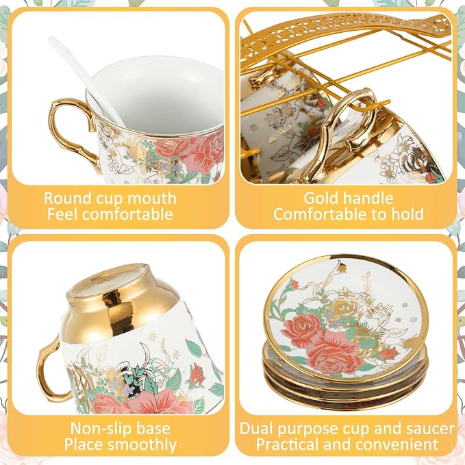 22 Pcs Porcelain Tea Set with Metal Holder, Vintage European Floral Tea Set - Image 7